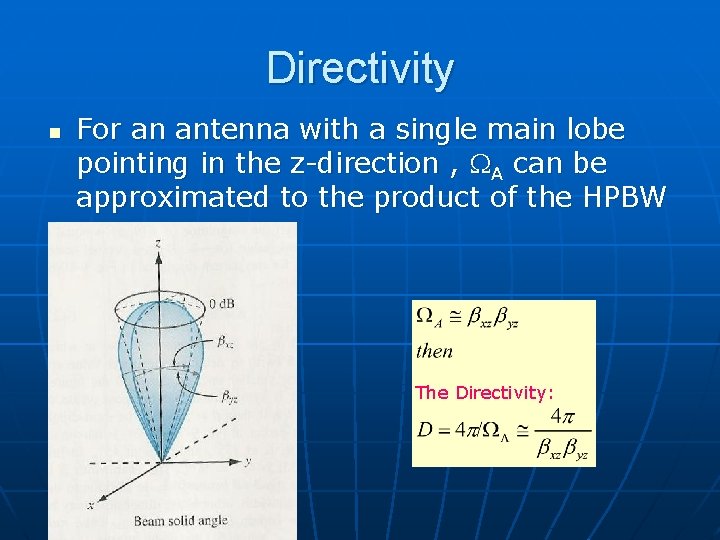 Directivity n For an antenna with a single main lobe pointing in the z-direction