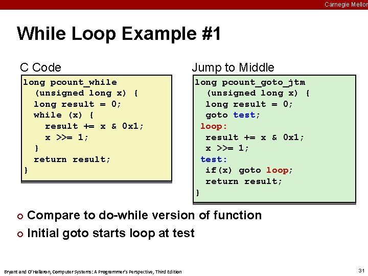 Carnegie Mellon While Loop Example #1 C Code long pcount_while (unsigned long x) {