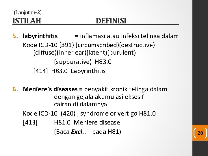 (Lanjutan-2) ISTILAH DEFINISI 5. labyrinthitis = inflamasi atau infeksi telinga dalam Kode ICD-10 (391) (Lanjutan-2) ISTILAH DEFINISI 5. labyrinthitis = inflamasi atau infeksi telinga dalam Kode ICD-10 (391)