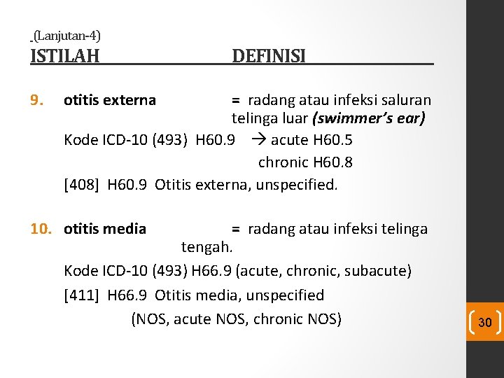 (Lanjutan-4) ISTILAH 9. DEFINISI otitis externa = radang atau infeksi saluran telinga luar (swimmer’s (Lanjutan-4) ISTILAH 9. DEFINISI otitis externa = radang atau infeksi saluran telinga luar (swimmer’s