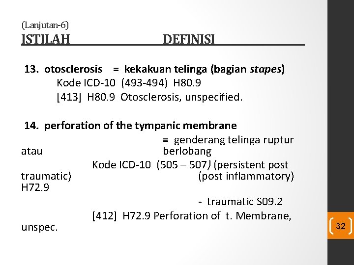 (Lanjutan-6) ISTILAH DEFINISI 13. otosclerosis = kekakuan telinga (bagian stapes) Kode ICD-10 (493 -494) (Lanjutan-6) ISTILAH DEFINISI 13. otosclerosis = kekakuan telinga (bagian stapes) Kode ICD-10 (493 -494)