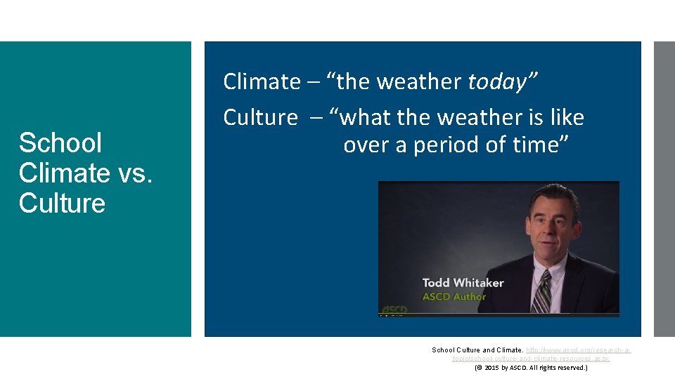 School Climate vs. Culture Climate – “the weather today” Culture – “what the weather