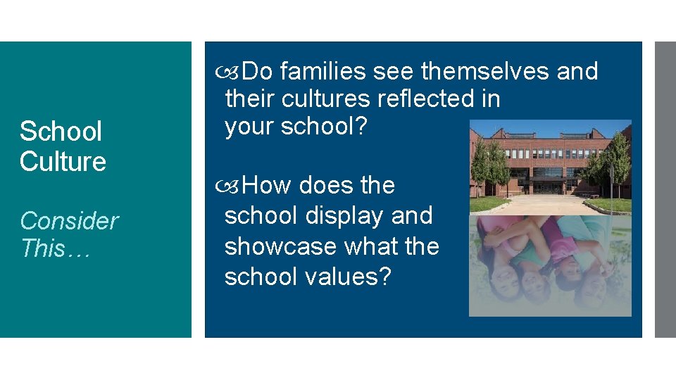 School Culture Consider This… Do families see themselves and their cultures reflected in your