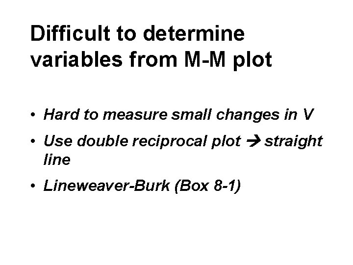 Difficult to determine variables from M-M plot • Hard to measure small changes in