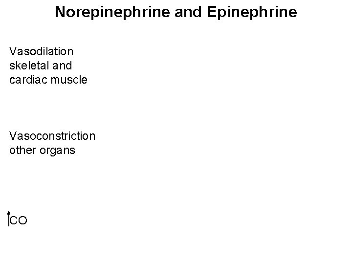 Norepinephrine and Epinephrine Vasodilation skeletal and cardiac muscle Vasoconstriction other organs CO 