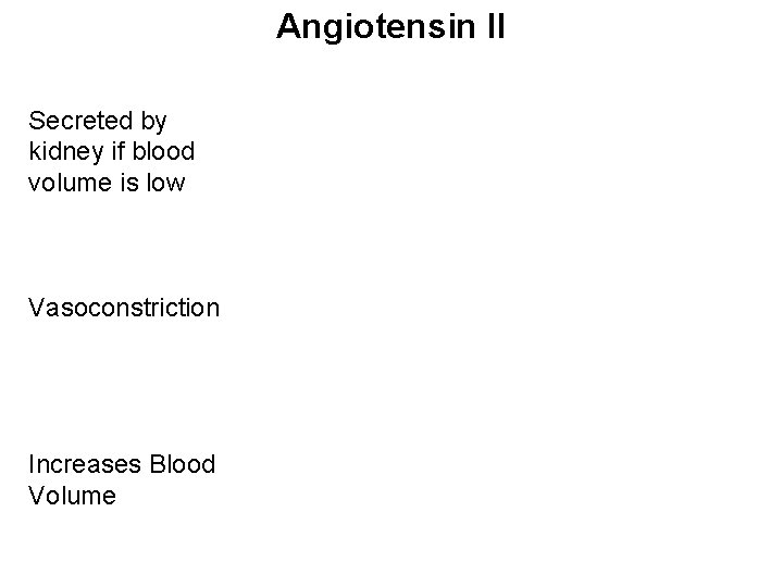 Angiotensin II Secreted by kidney if blood volume is low Vasoconstriction Increases Blood Volume