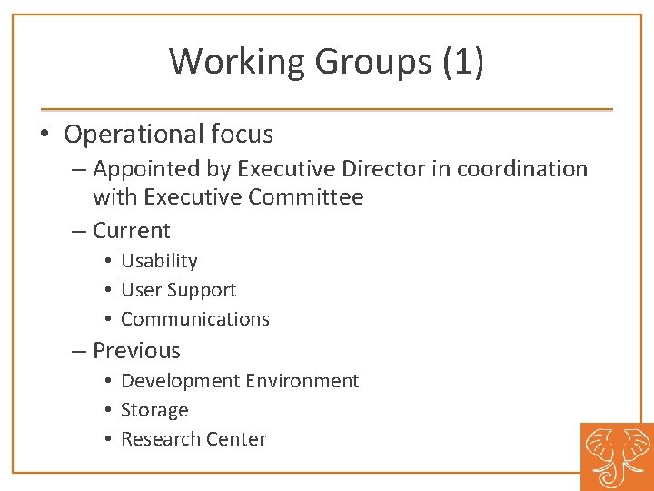 Working Groups (1) • Operational focus – Appointed by Executive Director in coordination with