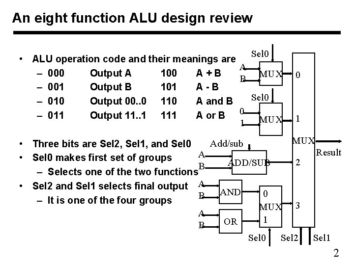 An eight function ALU design review Sel 0 • ALU operation code and their