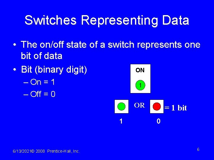 Switches Representing Data • The on/off state of a switch represents one bit of
