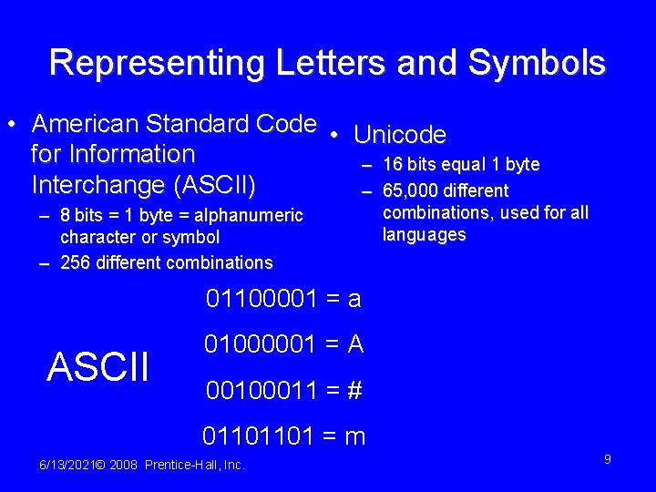 Representing Letters and Symbols • American Standard Code • Unicode for Information – 16