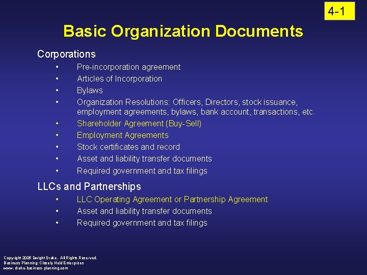 4 -1 Basic Organization Documents Corporations • • • Pre-incorporation agreement Articles of Incorporation
