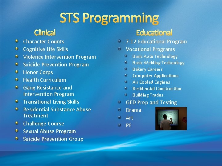 STS Programming Clinical Character Counts Cognitive Life Skills Violence Intervention Program Suicide Prevention Program
