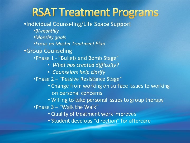 RSAT Treatment Programs • Individual Counseling/Life Space Support • Bi-monthly • Monthly goals •