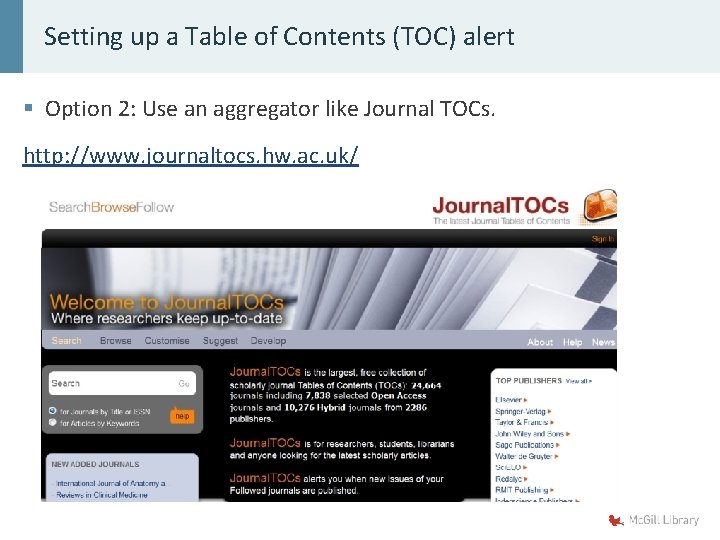 Setting up a Table of Contents (TOC) alert § Option 2: Use an aggregator