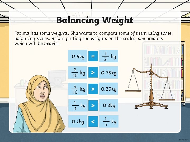Balancing Weight Fatima has some weights. She wants to compare some of them using