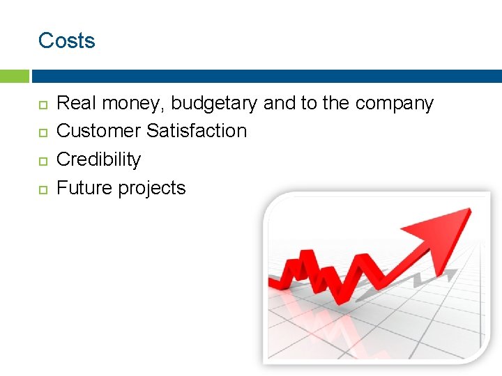 Costs Real money, budgetary and to the company Customer Satisfaction Credibility Future projects 