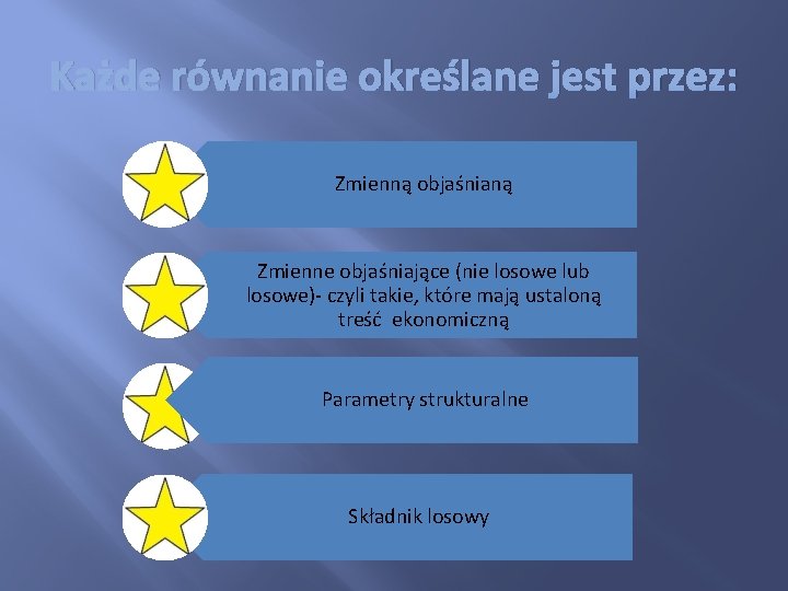 Każde równanie określane jest przez: Zmienną objaśnianą Zmienne objaśniające (nie losowe lub losowe)- czyli