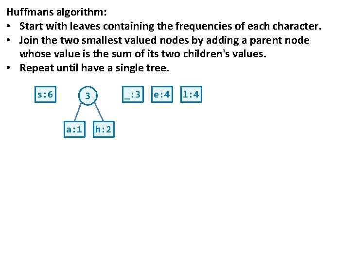 Huffmans algorithm: • Start with leaves containing the frequencies of each character. • Join