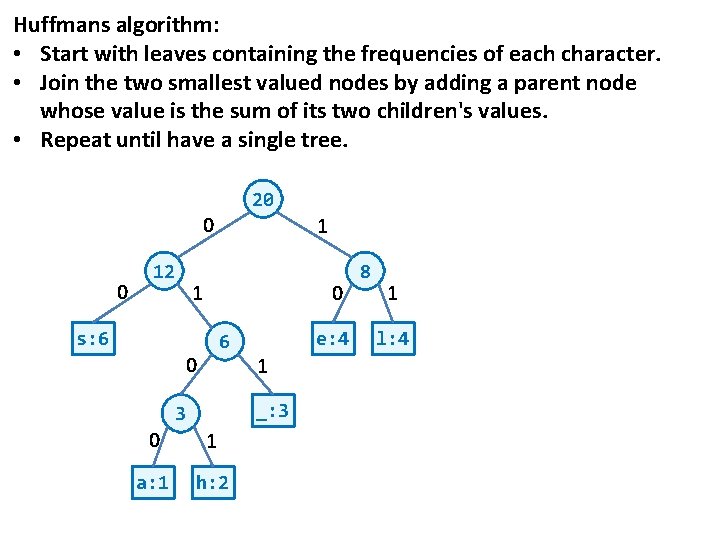 Huffmans algorithm: • Start with leaves containing the frequencies of each character. • Join