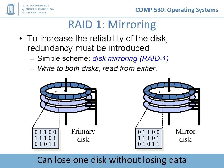COMP 530: Operating Systems RAID 1: Mirroring • To increase the reliability of the