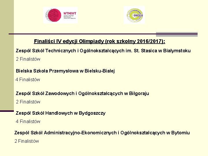 Finaliści IV edycji Olimpiady (rok szkolny 2016/2017): Zespół Szkół Technicznych i Ogólnokształcących im. Stasica