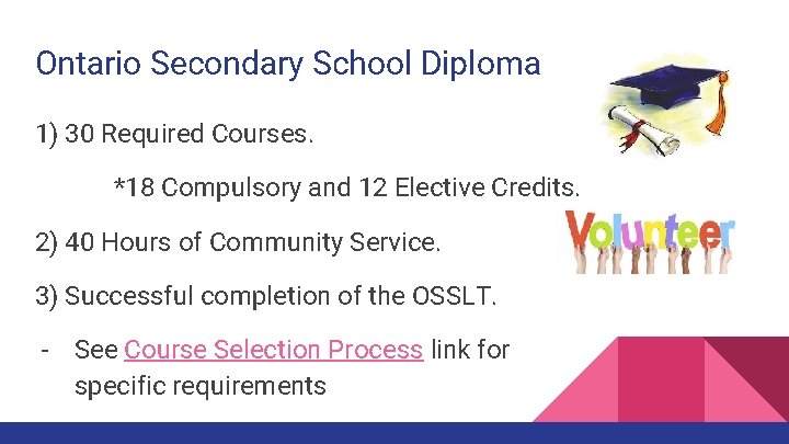 Ontario Secondary School Diploma 1) 30 Required Courses. *18 Compulsory and 12 Elective Credits.