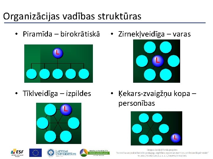 Organizācijas vadības struktūras • Piramīda – birokrātiskā • Zirnekļveidīga – varas • Tīklveidīga –