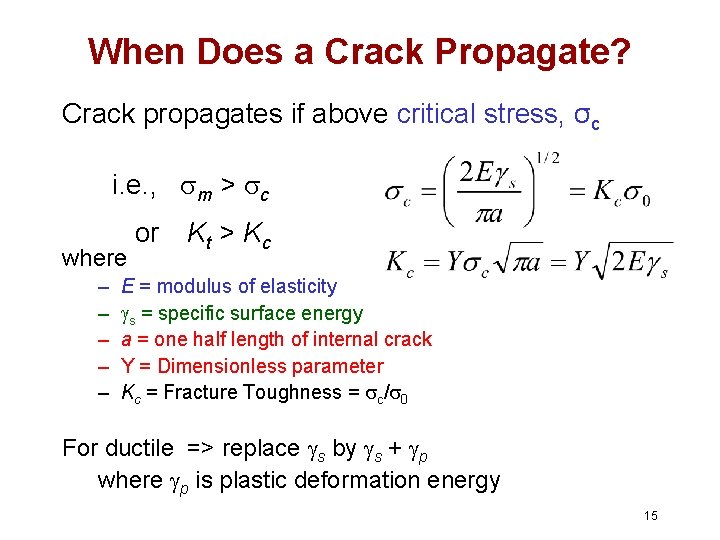 When Does a Crack Propagate? Crack propagates if above critical stress, σc i. e.