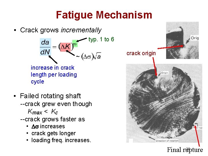 Fatigue Mechanism • Crack grows incrementally typ. 1 to 6 crack origin increase in