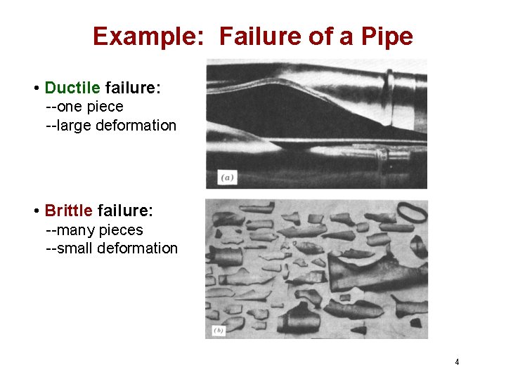 Example: Failure of a Pipe • Ductile failure: --one piece --large deformation • Brittle