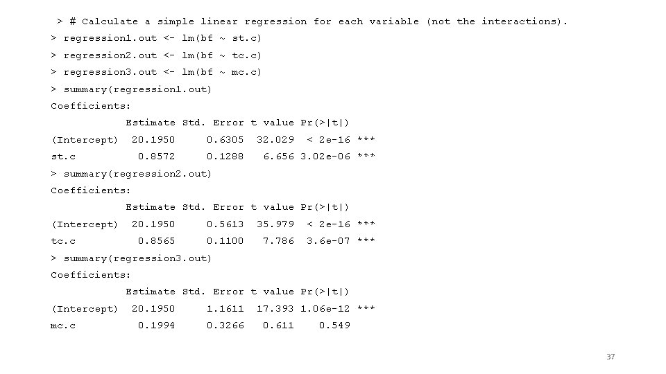 > # Calculate a simple linear regression for each variable (not the interactions). >