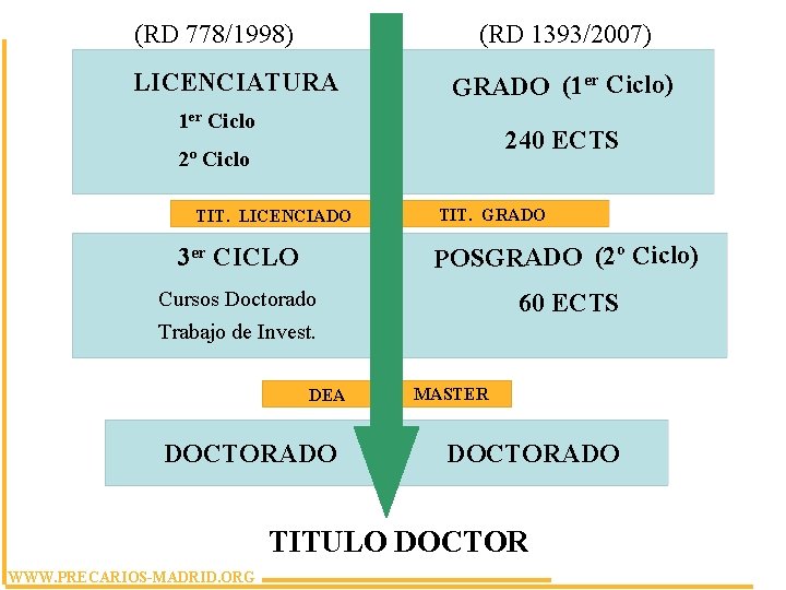 (RD 778/1998) (RD 1393/2007) LICENCIATURA GRADO (1 er Ciclo) 1 er Ciclo 240 ECTS