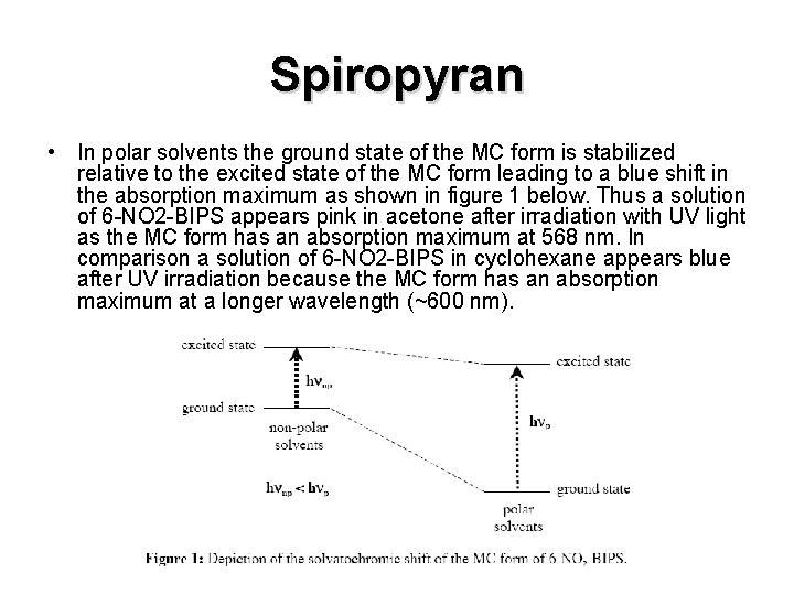 Spiropyran • In polar solvents the ground state of the MC form is stabilized