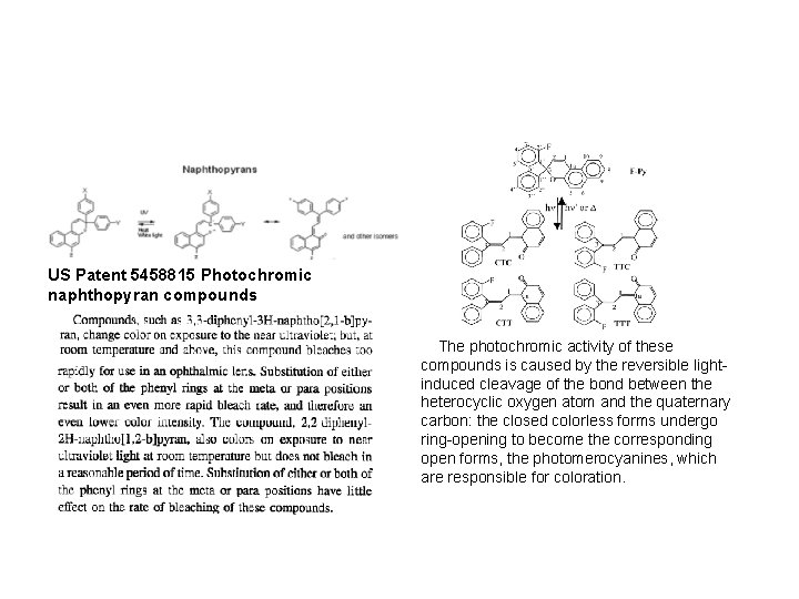 US Patent 5458815 Photochromic naphthopyran compounds The photochromic activity of these compounds is caused