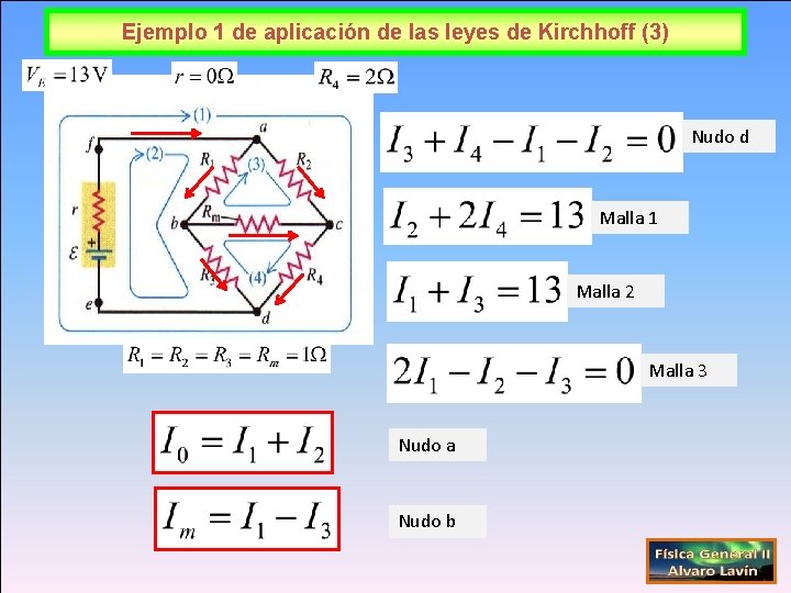 Ejemplo 1 de aplicación de las leyes de Kirchhoff (3) Nudo d Malla 1