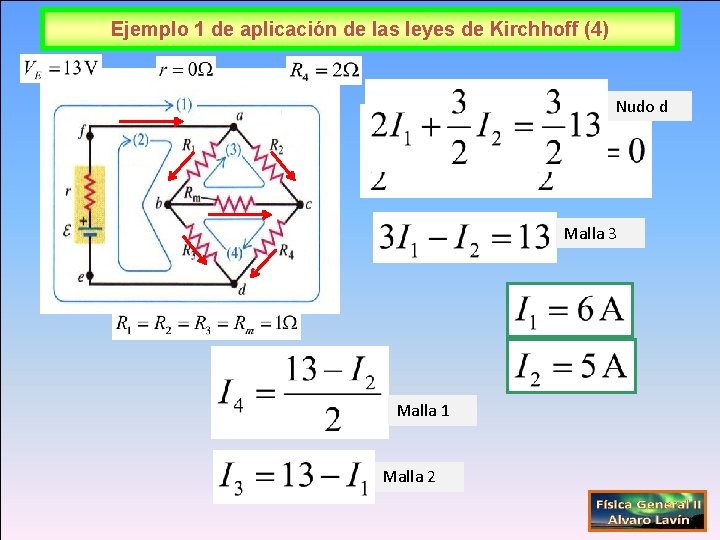 Ejemplo 1 de aplicación de las leyes de Kirchhoff (4) Nudo d Malla 3