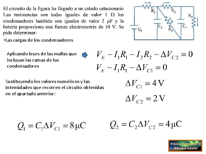  • Las cargas de los condensadores Aplicando leyes de las mallas que incluyan