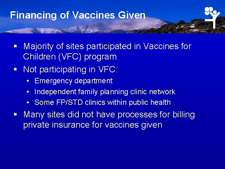Financing of Vaccines Given § Majority of sites participated in Vaccines for Children (VFC)