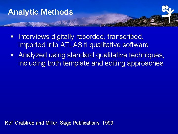Analytic Methods § Interviews digitally recorded, transcribed, imported into ATLAS. ti qualitative software §