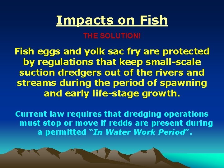 Impacts on Fish THE SOLUTION! Fish eggs and yolk sac fry are protected by