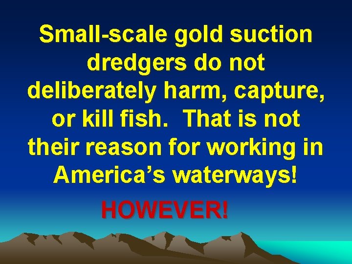 Small-scale gold suction dredgers do not deliberately harm, capture, or kill fish. That is