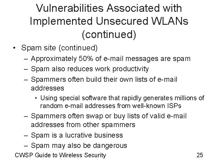 Vulnerabilities Associated with Implemented Unsecured WLANs (continued) • Spam site (continued) – Approximately 50%