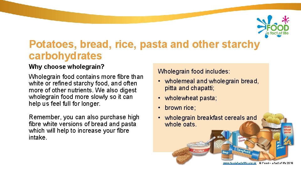 Potatoes, bread, rice, pasta and other starchy carbohydrates Why choose wholegrain? Wholegrain food contains