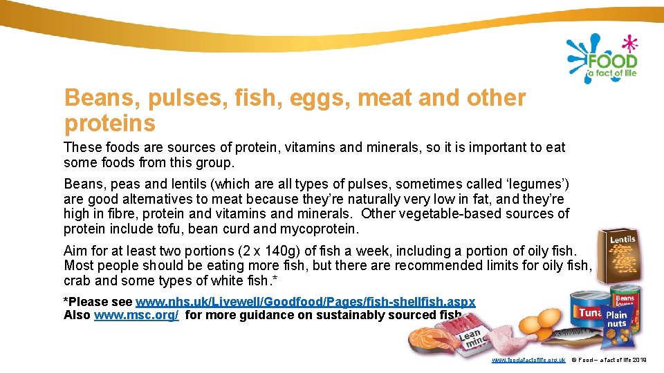 Beans, pulses, fish, eggs, meat and other proteins These foods are sources of protein,