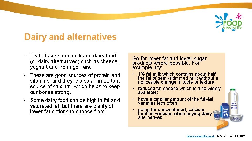 Dairy and alternatives • Try to have some milk and dairy food (or dairy
