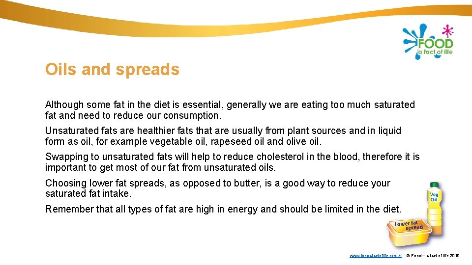 Oils and spreads Although some fat in the diet is essential, generally we are