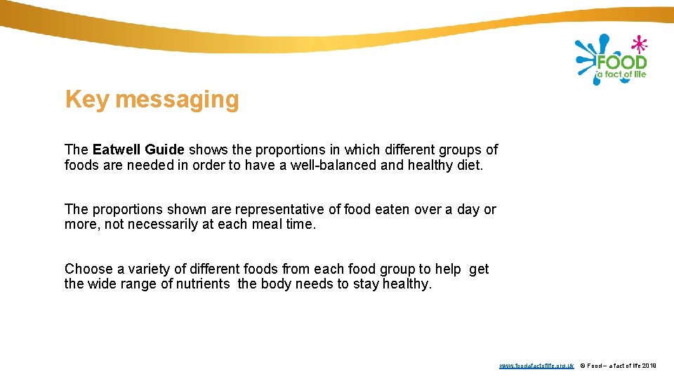 Key messaging The Eatwell Guide shows the proportions in which different groups of foods