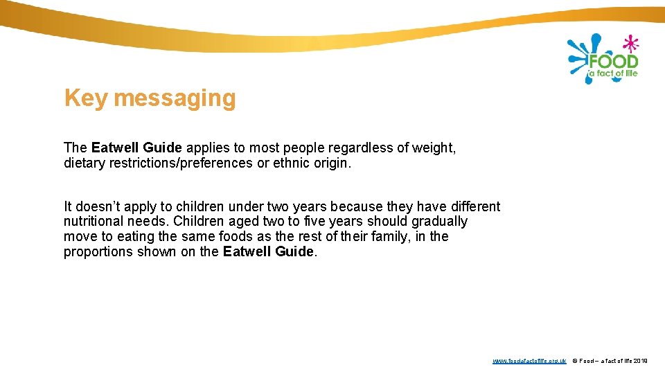 Key messaging The Eatwell Guide applies to most people regardless of weight, dietary restrictions/preferences