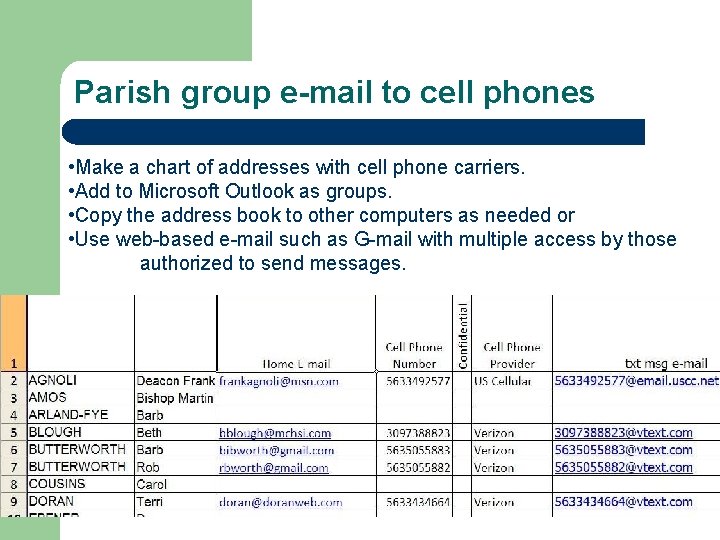 Parish group e-mail to cell phones • Make a chart of addresses with cell