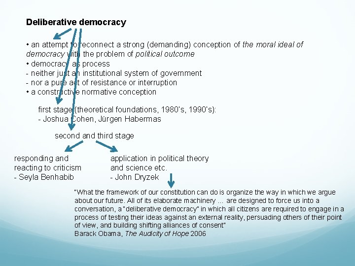 Deliberative democracy • an attempt to reconnect a strong (demanding) conception of the moral
